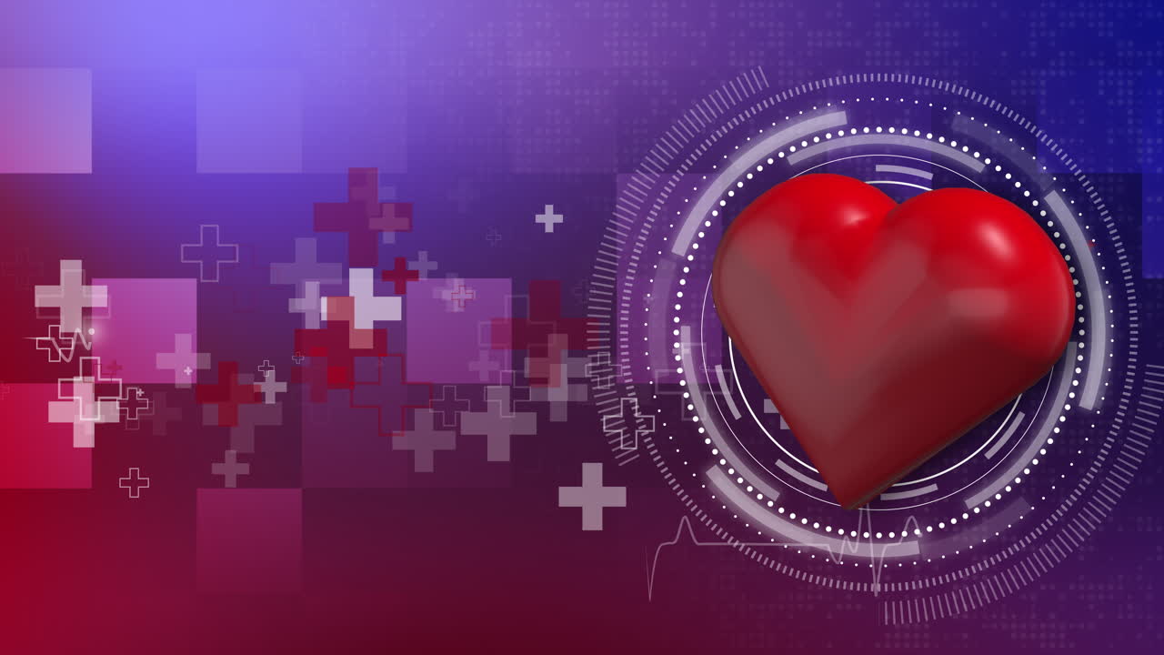 Red 3D heart with round HUD element. Abstract medical background healthcare symbols. Cardiogram of heart and medical crosses. Looped.