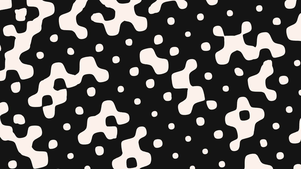 Seamless abstract black and white animation featuring organic blob shapes and scattered dots. Minimal modern pattern ideal for motion backgrounds, titles, presentations and creative design projects