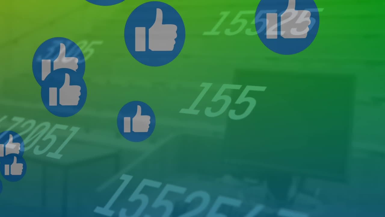 Animazione di reazioni e numeri dei social media che fluttuano su sfondo verde