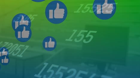 animación de reacciones en las redes sociales y números flotando sobre fondo verde