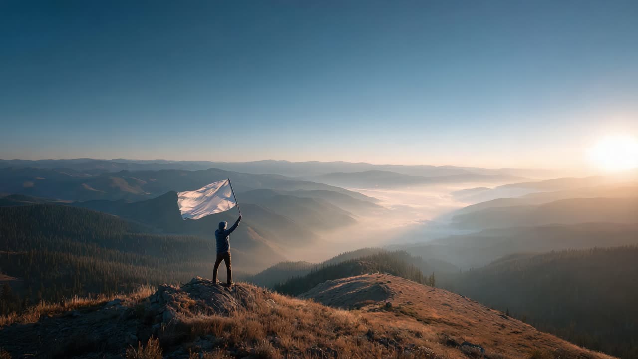 Una figura solitaria si erge sulla cima di una maestosa montagna, sventolando trionfante una bandiera sullo sfondo mozzafiato di dolci colline e un'alba radiosa, simboleggiando vittoria e speranza.