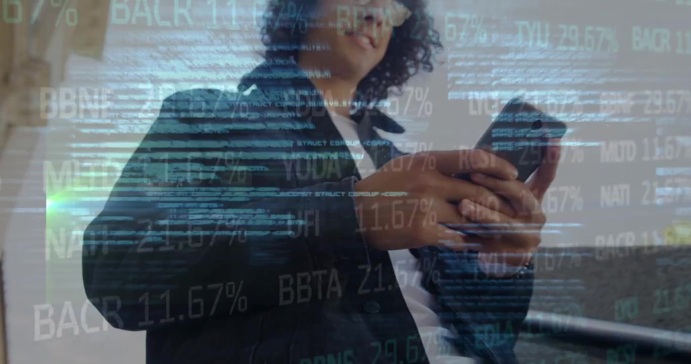 Animation of financial data and code over man using smartphone