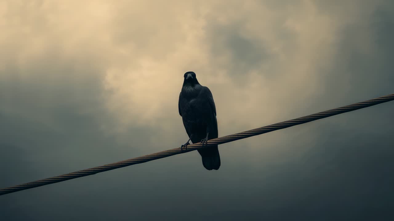 Observação de movimento fora do quadro, corvo solitário se endireitando em fio de metal, examinando o céu cinzento e grasnando.