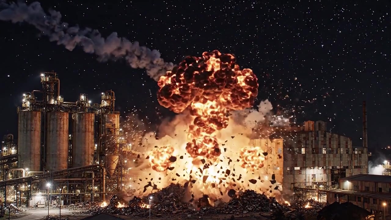 Eine dramatische Nachtszene einer in Flammen stehenden Fabrik, Rauch steigt in den sternenklaren Himmel und hebt den Konflikt zwischen industrieller Aktivität und natürlicher Schönheit hervor.