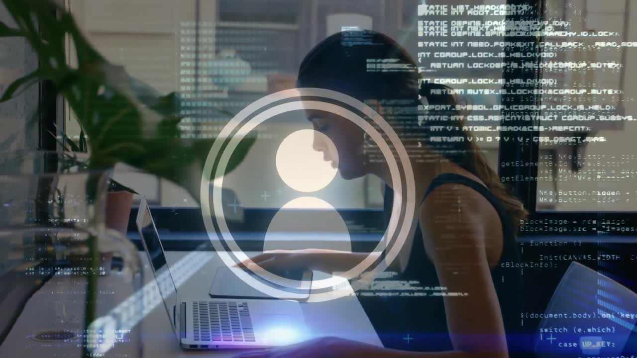 Animation of data processing and icon over caucasian businesswoman using laptop