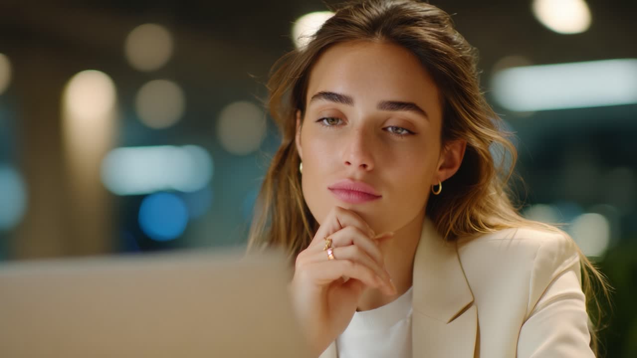 Thoughtful Businesswoman in Professional Environment Reflecting on Ideas While Working at Laptop in Modern Office Setting, Showcasing Focus and Creativity