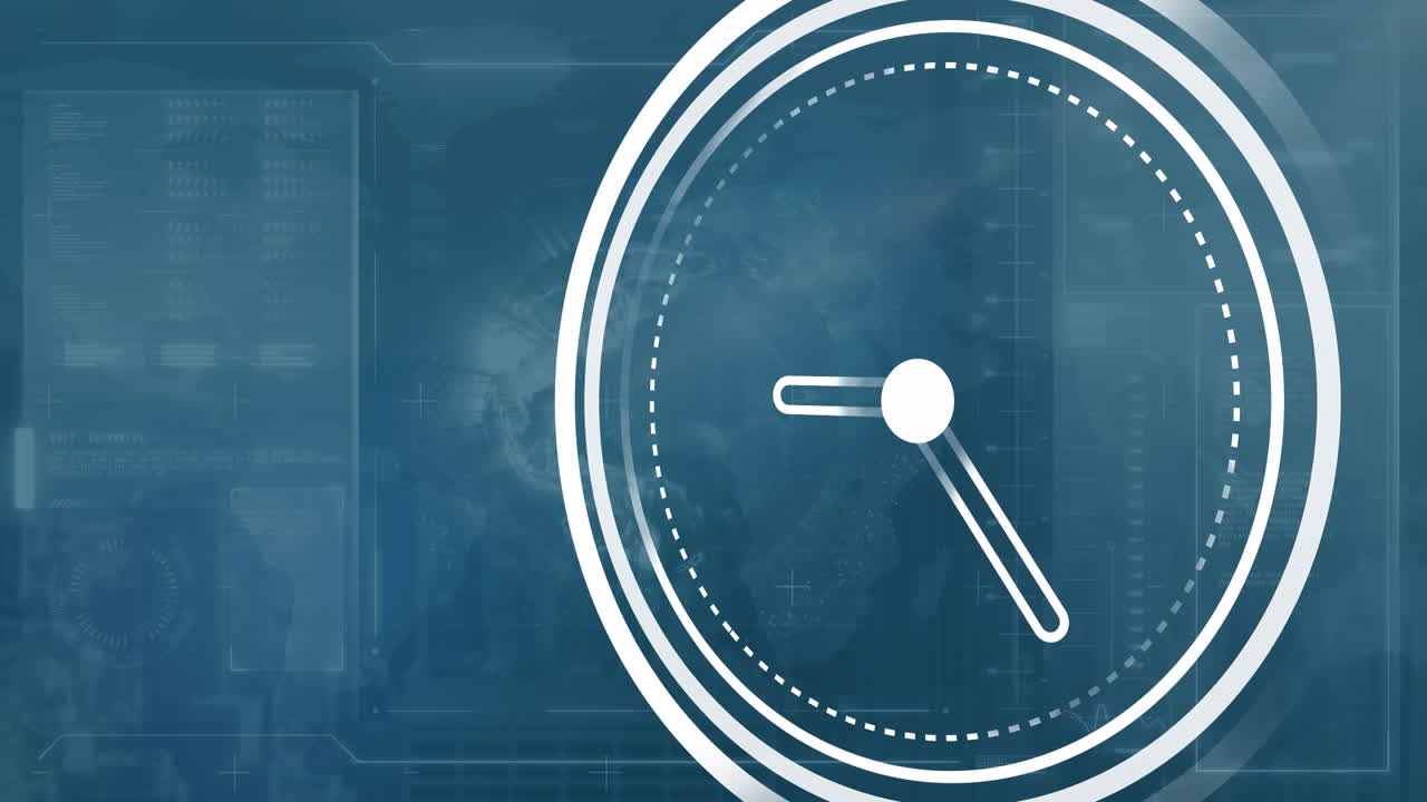 Animation of clock and data processing over blue background