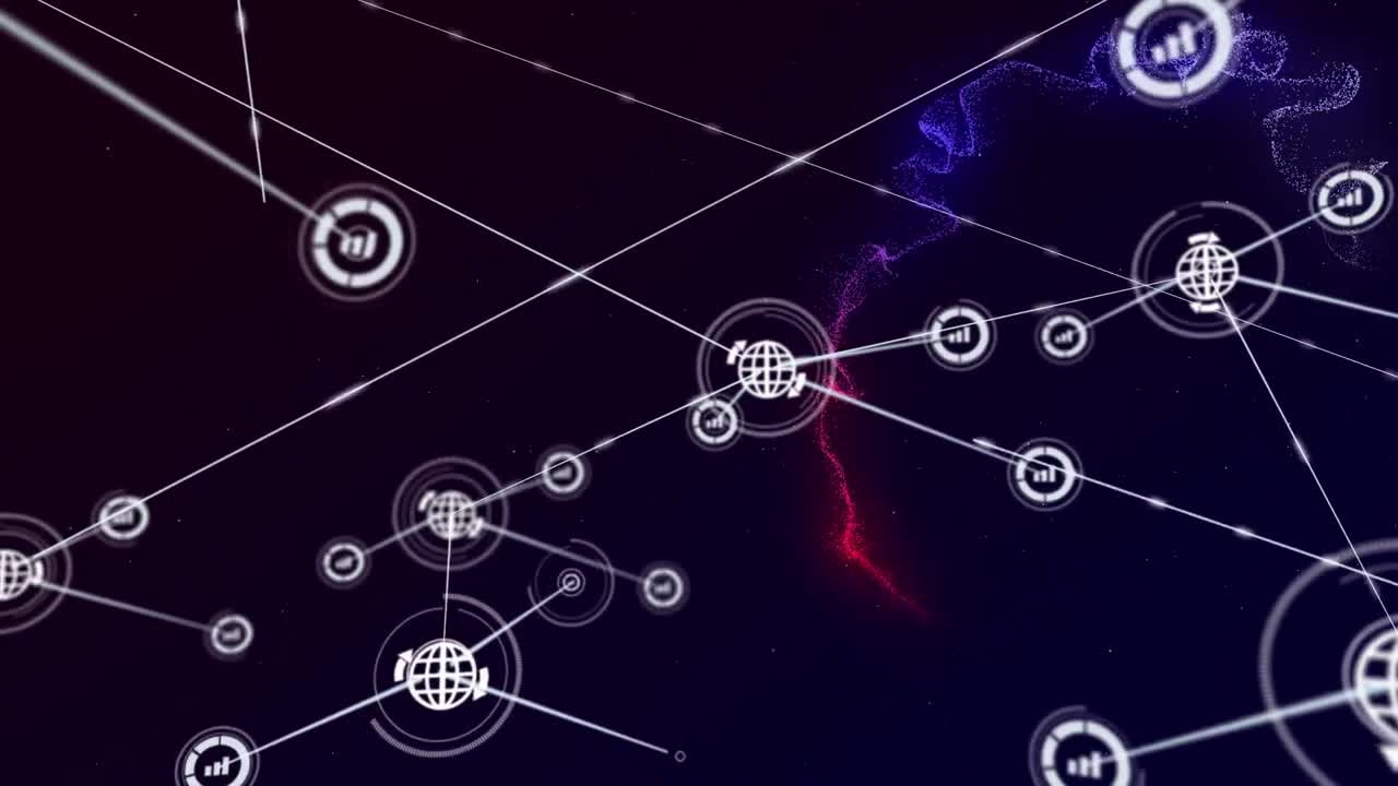 animación de la red de conexiones de iconos de gráficos en fondo negro