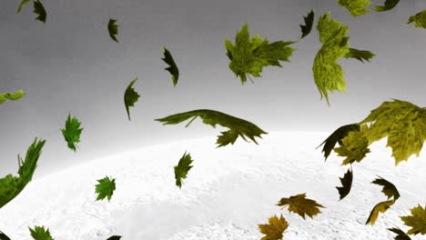 digital animation of multiple autumn maple leaves floating against winter landscape in background