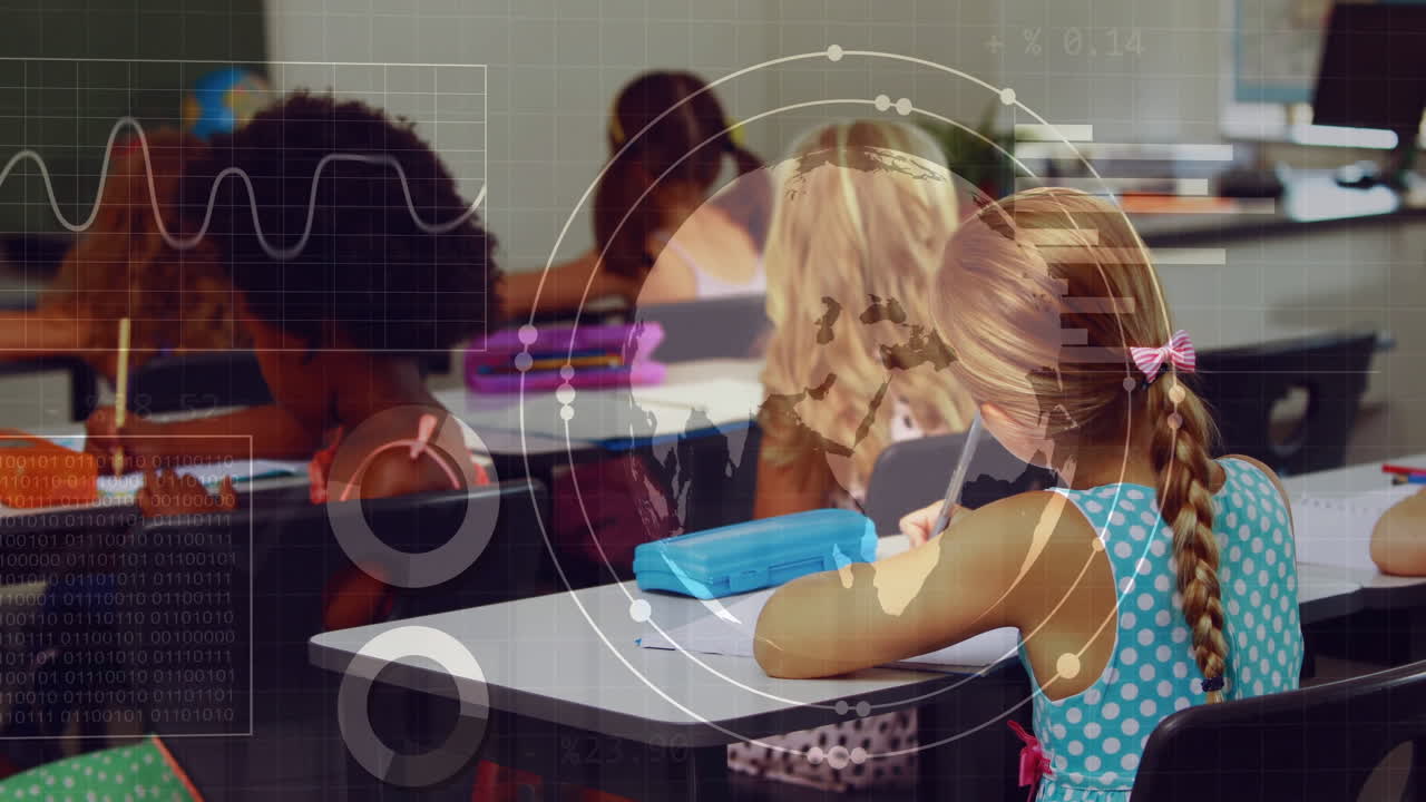 Children studying in classroom with world map and data graphs animation overlay