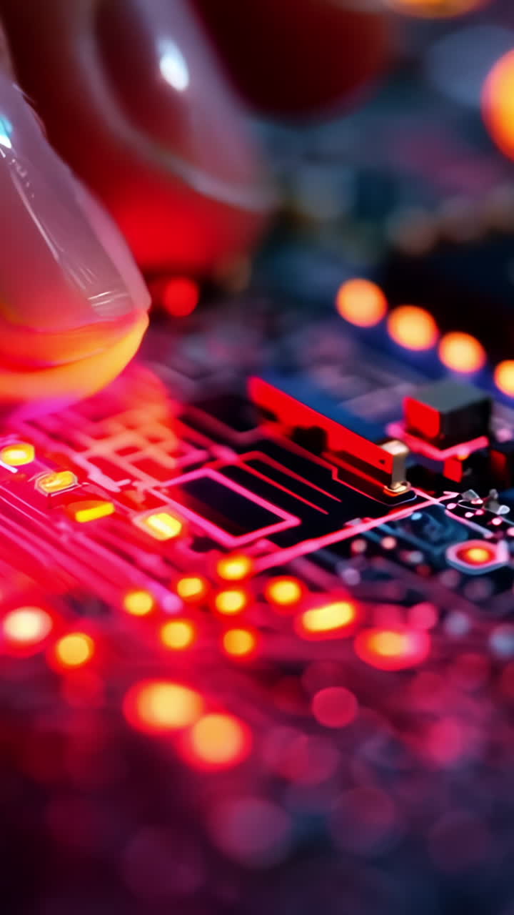 A hand is touching a computer chip. The image has a mood of curiosity and wonder. The hand is reaching out to explore the chip, and the bright red lights on the chip create a sense of excitement