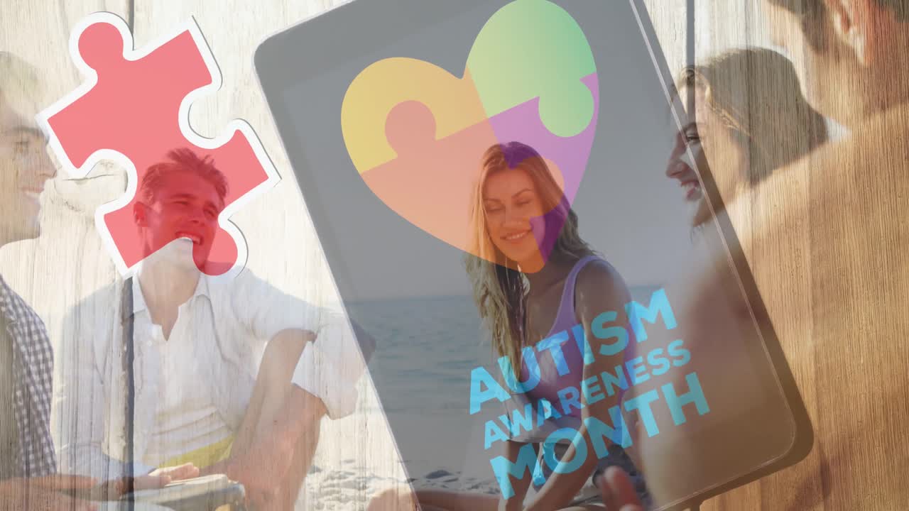 다채로운 퍼즐 조각의 애니메이션 심장과 자폐증 텍스트 여름 해변 파티에서 행복한 친구들