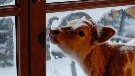 a calf at a window on a snowy day