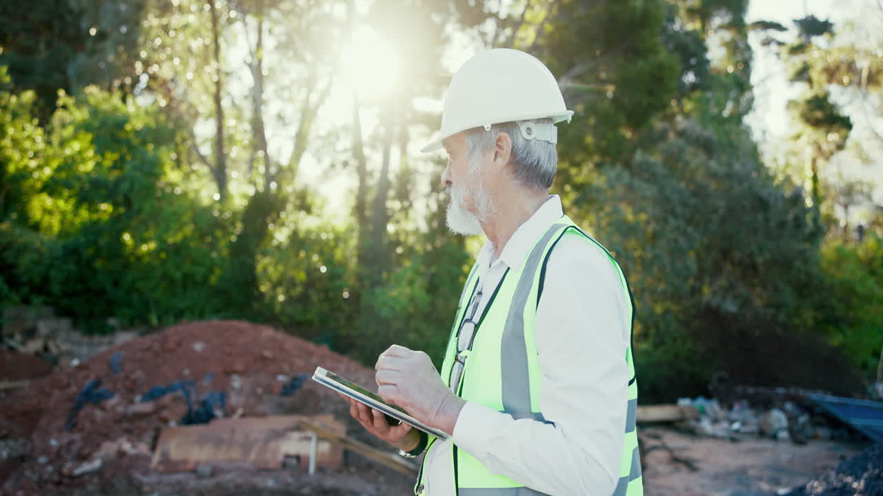 trabajador de la construcción usando una tableta en el sitio de construcción