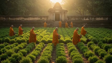 monks cultivating serenity: a tranquil morning in the lush green fields reflecting peaceful meditation and harmony with nature