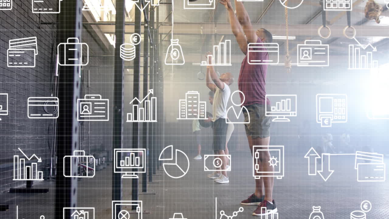 Exercising in gym, people using animation with data analytics icons overlay