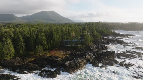 video de avión no tripulado al atardecer en ucluelet, columbia británica, canadá sobre el océano y el bosque