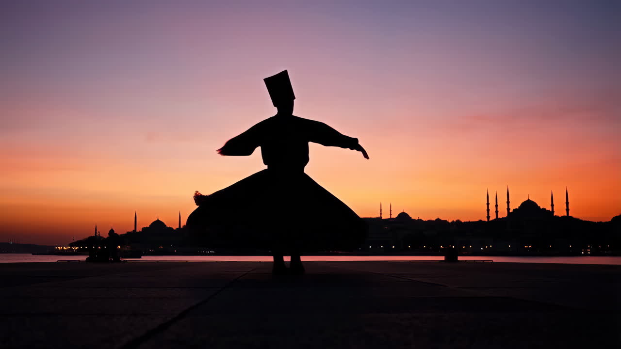 Whirling Dervish Silhouette Against Sunset Istanbul Skyline