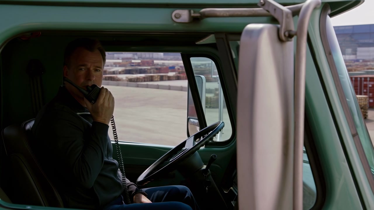 Truck driver seated inside green cab holds radio microphone near mouth while looking through open side window toward shipping container yard, showing focused communication and transport work