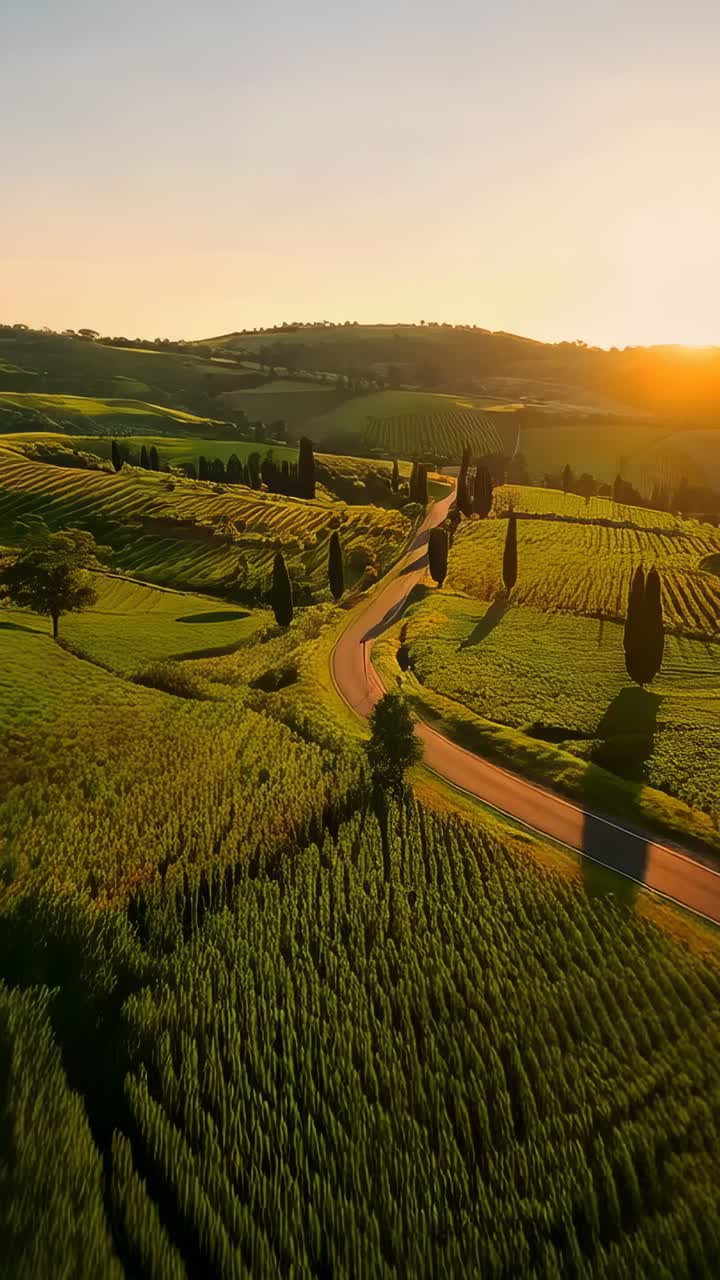 Video verticale: drone che si allontana, seguendo una strada rurale tortuosa verso il sole nascente, mostrando cipressi