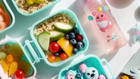top view of several light blue lunch boxes filled with healthy food such as quinoa, cucumber, blueberries, tomatoes, bell peppers and a pink water bottle, perfect for a balanced meal