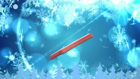 Animation-Des-Weihnachtsstern-Lebkuchenplätzchens-über-Schnee,-Der-Auf-Blauen-Hintergrund-Fällt