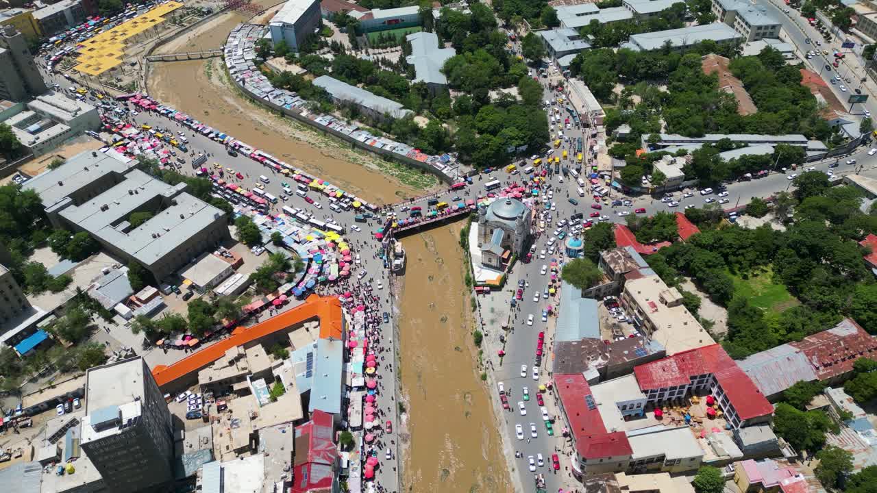 Drone Aerial of Kabul Afghanistan, Busy Traffic in city center