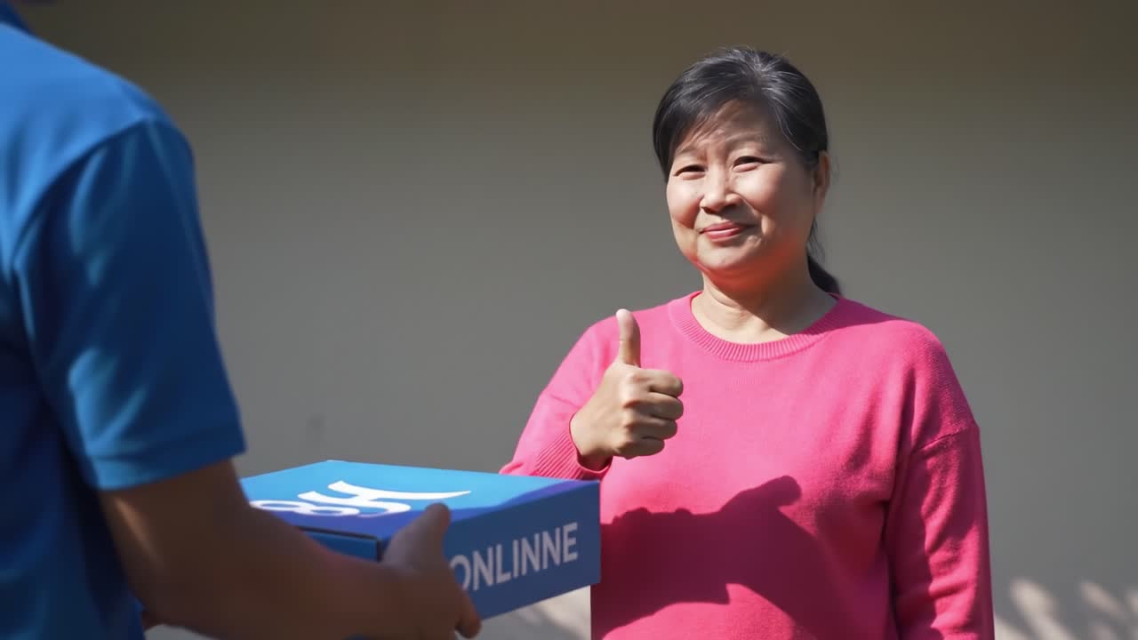 A woman smiles and gives a thumbs-up as she receives a package from a delivery person, showcasing her happiness in a warm and sunny outdoor environment.