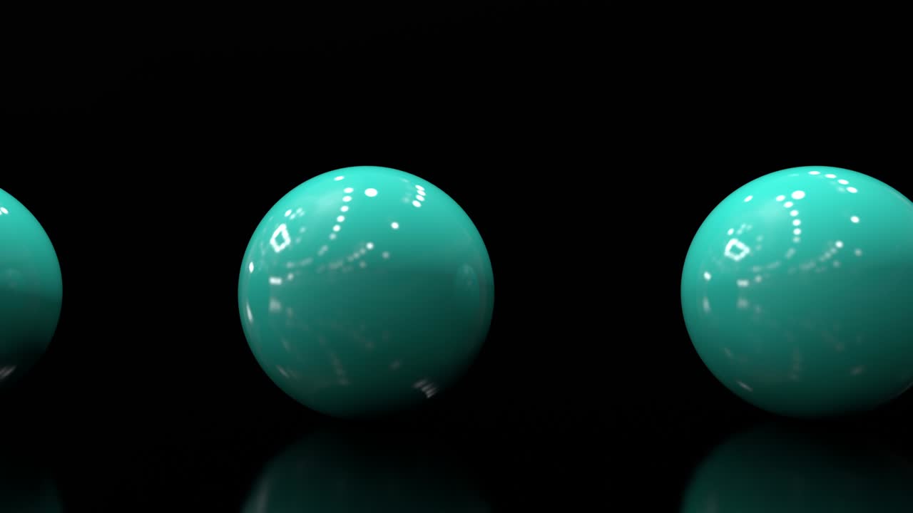 Looped 3d design of balls on the black background. Panoramic view of gloss spheres.