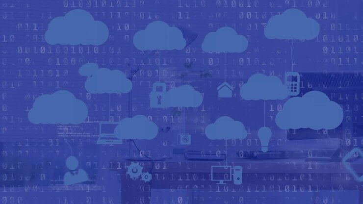 Animation of data processing and clouds icons over blue background