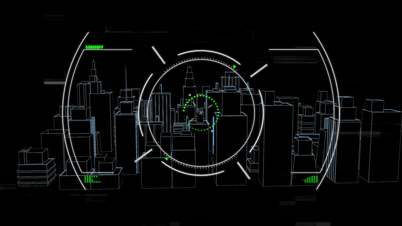 Animation of scope scanning over 3d drawing of city on black background