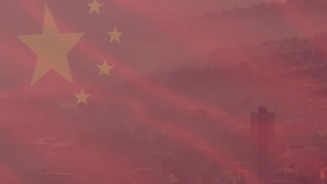 Animación-De-La-Bandera-De-China-Sobre-El-Paisaje-Urbano.