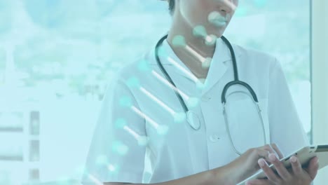 animation of dna strand spinning over female doctor using tablet