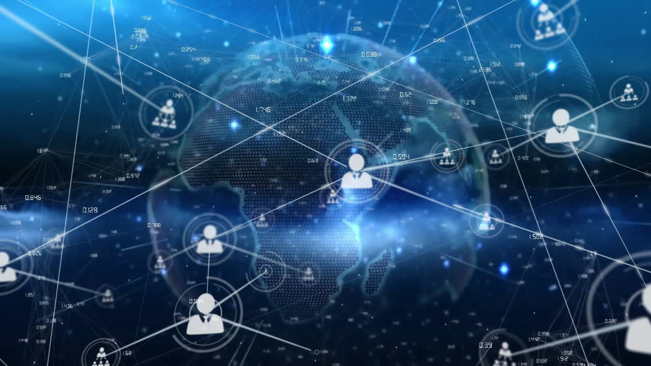 검은 바탕에 전 세계에 대한 아이콘과 데이터 처리와 연결 네트워크의 애니메이션