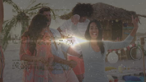 group dancing around beach picnic table at sunset, showing lantern icons and marketing charts