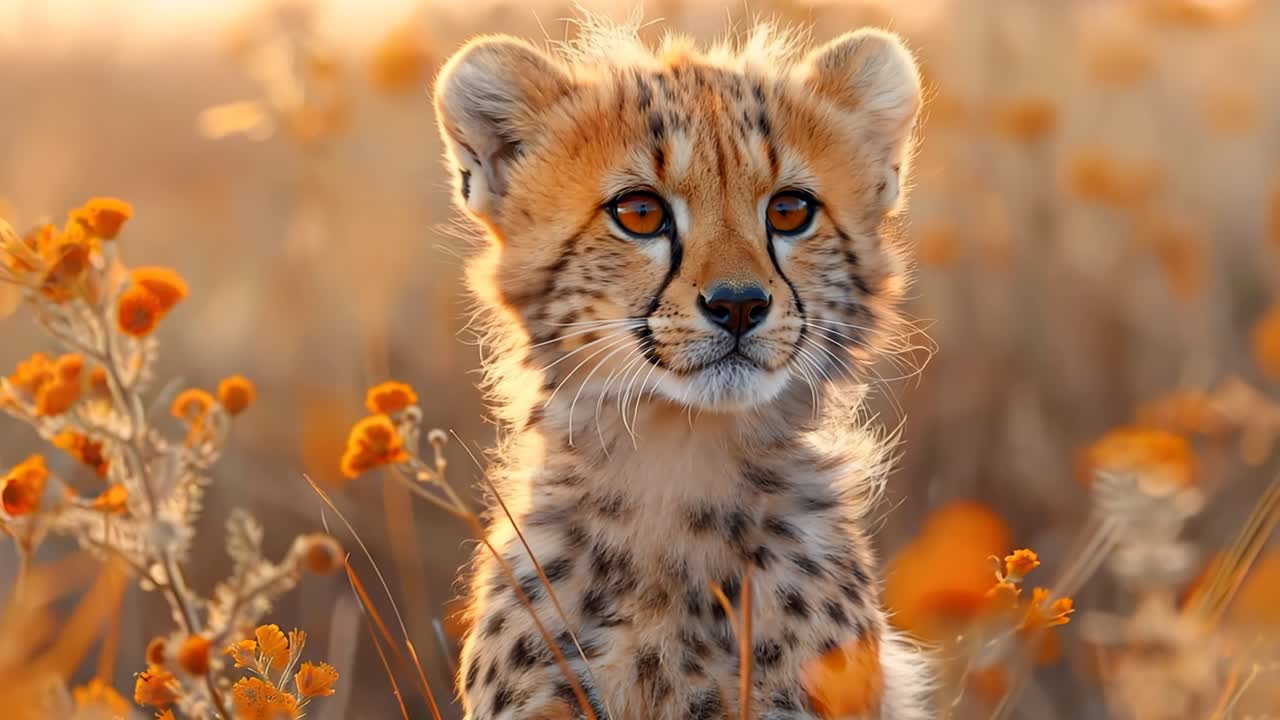A baby cheetah is sitting in a field of flowers. The cheetah is small and cute, and the flowers are bright and colorful. The scene is peaceful and serene