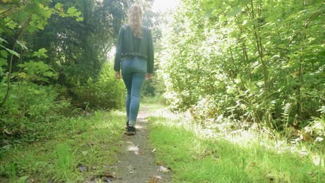 following girl walking along path through woods in sunlight, low angle