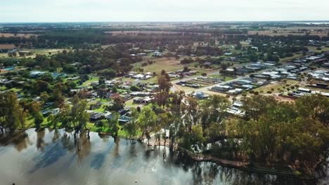 Aerial view of the township of Bundalong on Murray River just upstream of Lake Mulwala, Australia. November 2021.