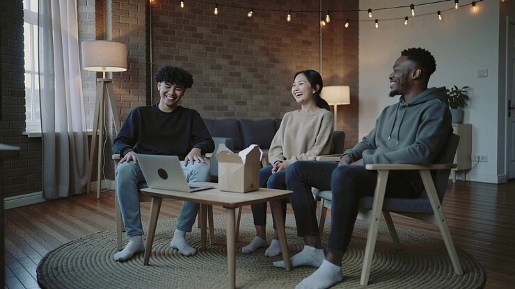 Laughing three friends reacting to laptop clip in living room, sharing takeout and glancing left