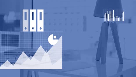 animation of multiple digital icons and statistical data processing against office desk