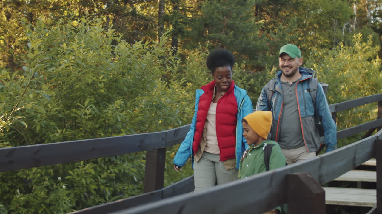 familia de turistas multiétnicos caminando por el parque nacional