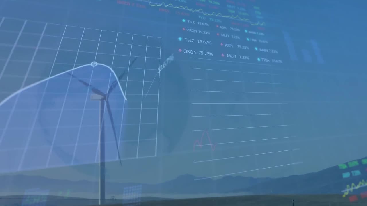 잔디에서 회전하는 풍차를 통해 통계 및 증권 시장 데이터 처리의 애니메이션