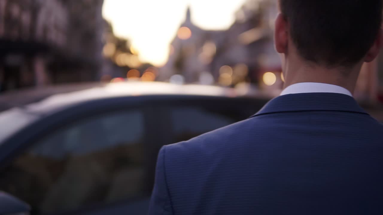 슬로우 모션 젊은 남자는 거리에서 그의 새 검은 차에 앉아 산책