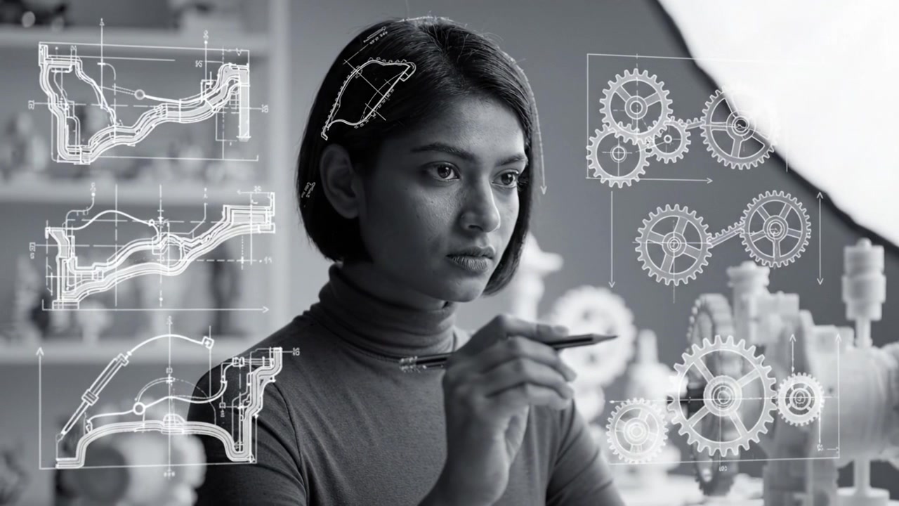 Focused Creator Analyzes Mechanical Designs and Sculptures in a Studio, Blending Artistry with Engineering Concepts Through Detailed Drafts and Models