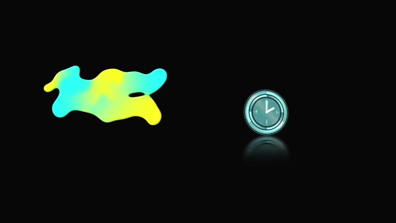 Animation eines gelben und grünen Flecks sowie einer sich bewegenden Uhr auf schwarzem Hintergrund