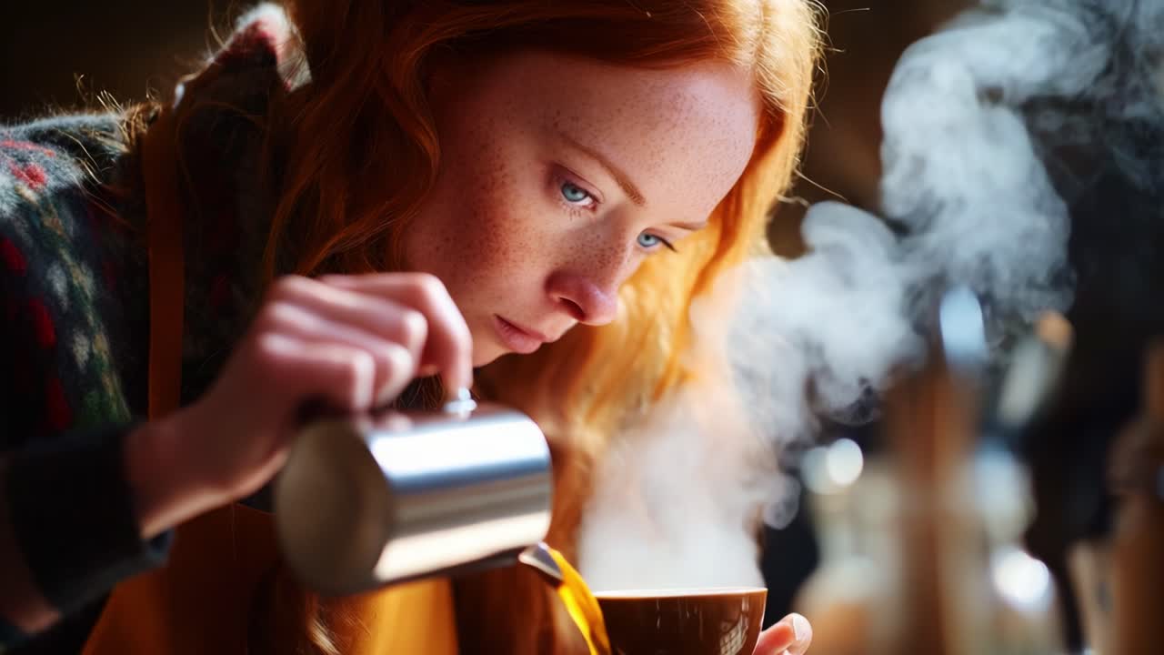A Passionate Barista Crafting the Perfect Cup: Exquisite Coffee Brewing Moments Captured with Steam, Focused Expression, and Warm Ambiance Showcasing Culinary Artistry