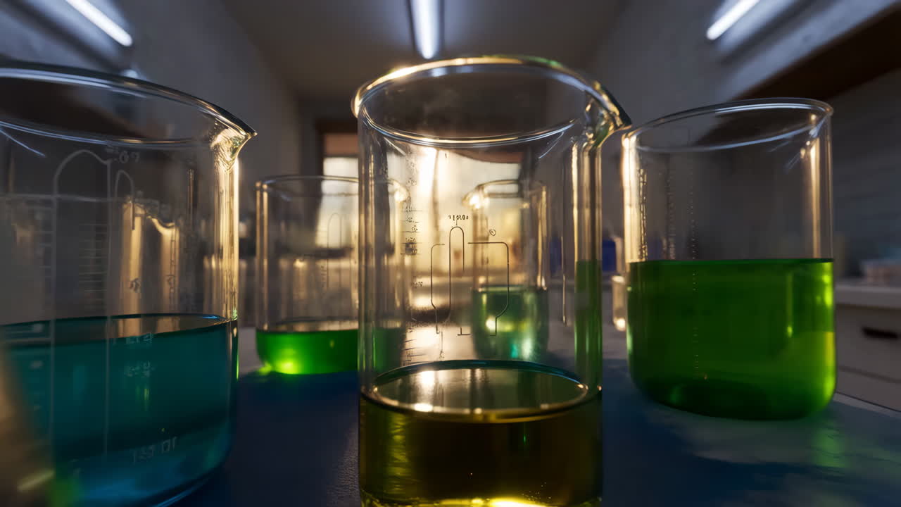Close-up of beakers with colorful liquids in a laboratory