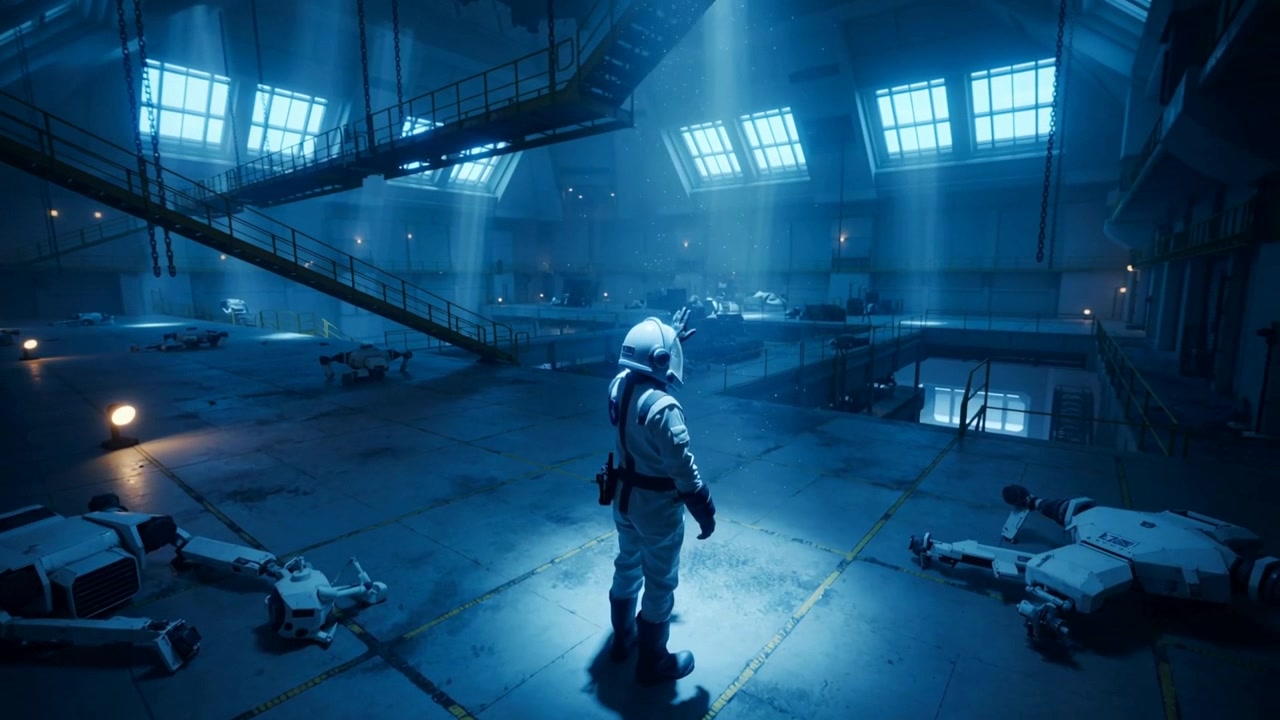 Astronauta che si gira reagisce a un fascio di luce, alzando il braccio destro verso un portello a pavimento in un hangar con dei rover.