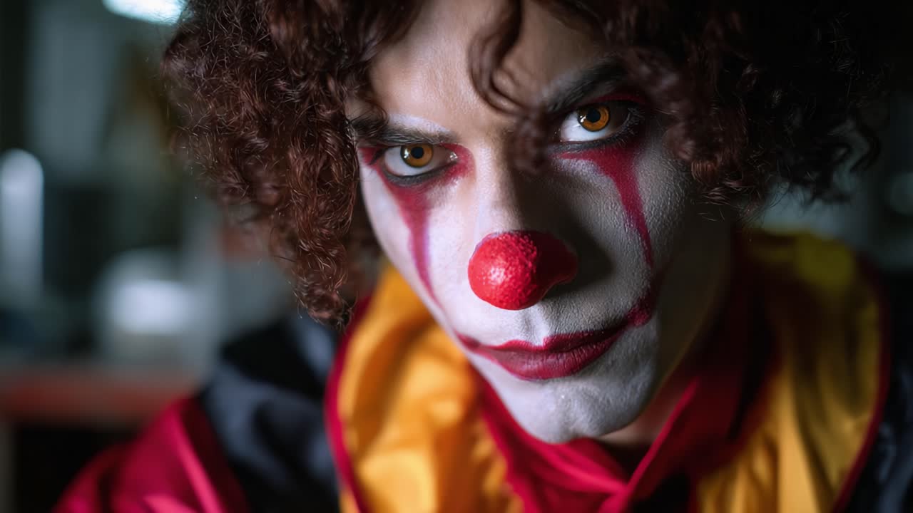A Closer Look at a Compelling Clown Character with Striking Makeup, Intense Expression, and Unique Features Captured in Two Framed Shots from a Suspenseful Scene