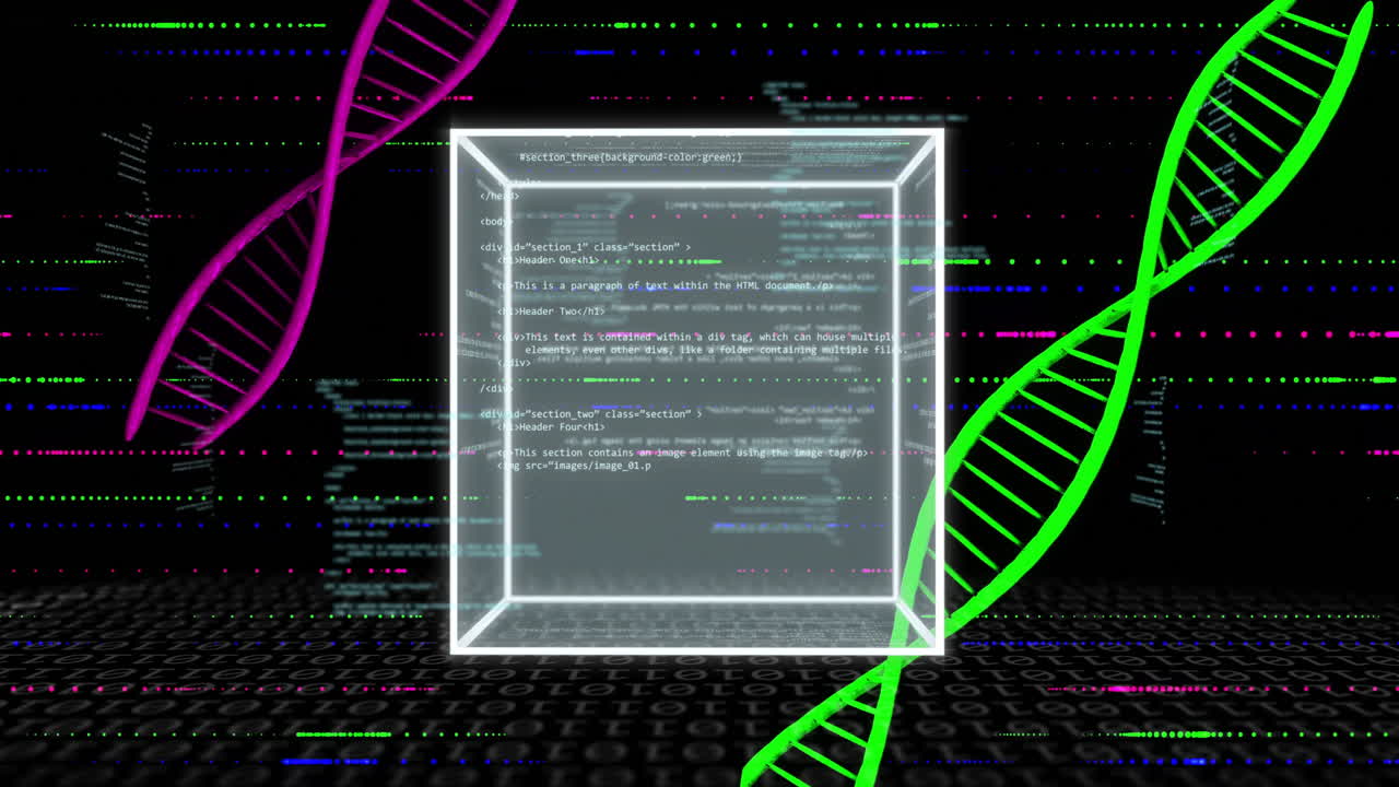 animación de cadenas de adn y datos de codificación sobre un cubo brillante sobre un fondo oscuro